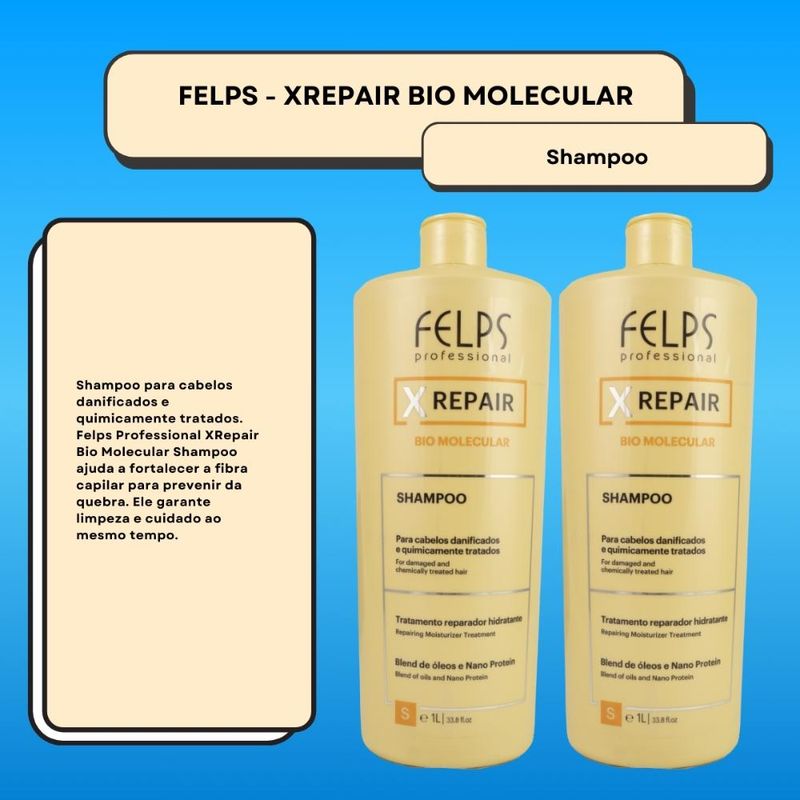 Felps X Repair Bio Molecular - Kit 2 Shampoos 1L - Cabelos Danificados ou Quimicamente Tratados