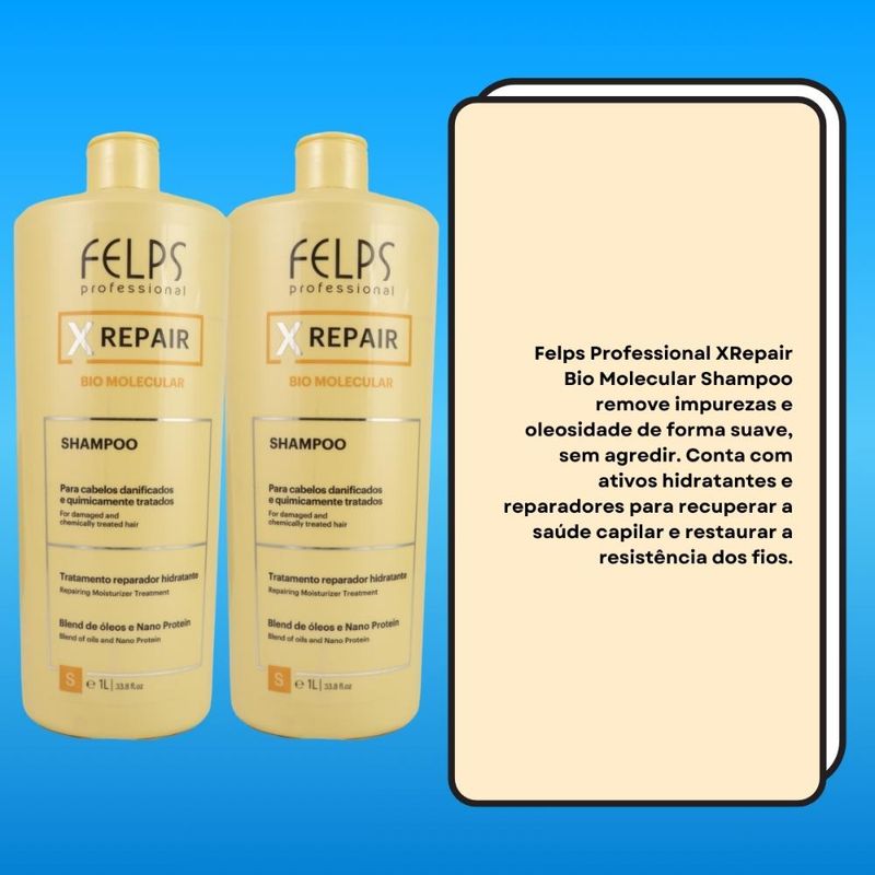 Felps X Repair Bio Molecular - Kit 2 Shampoos 1L - Cabelos Danificados ou Quimicamente Tratados