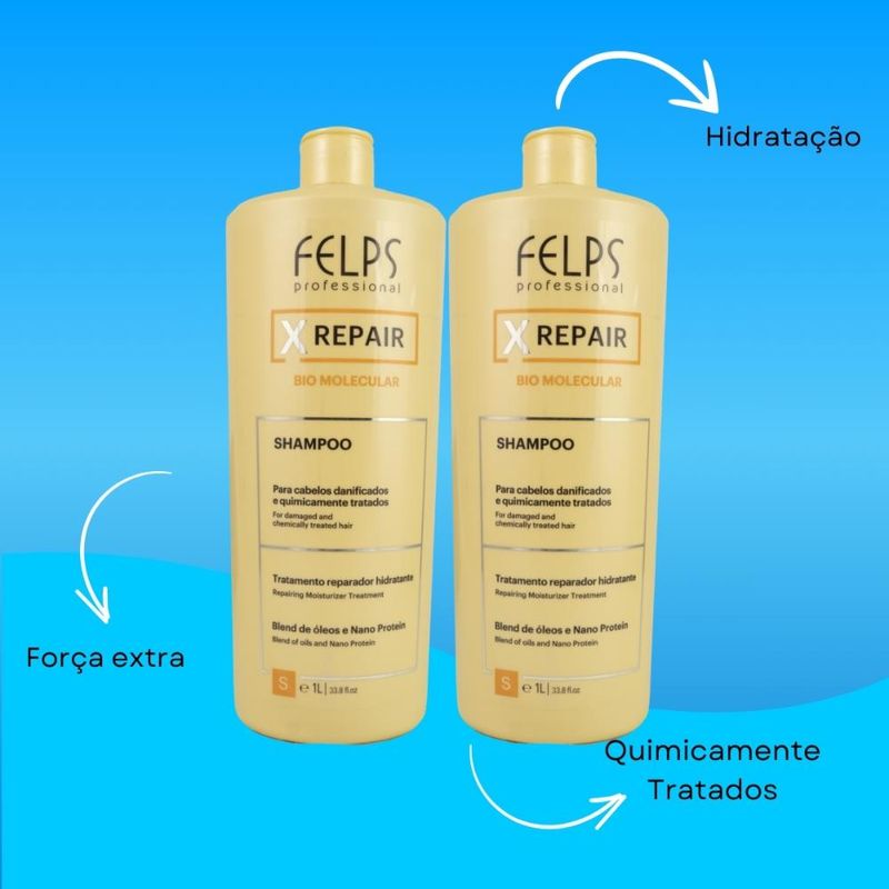 Felps X Repair Bio Molecular - Kit 2 Shampoos 1L - Cabelos Danificados ou Quimicamente Tratados