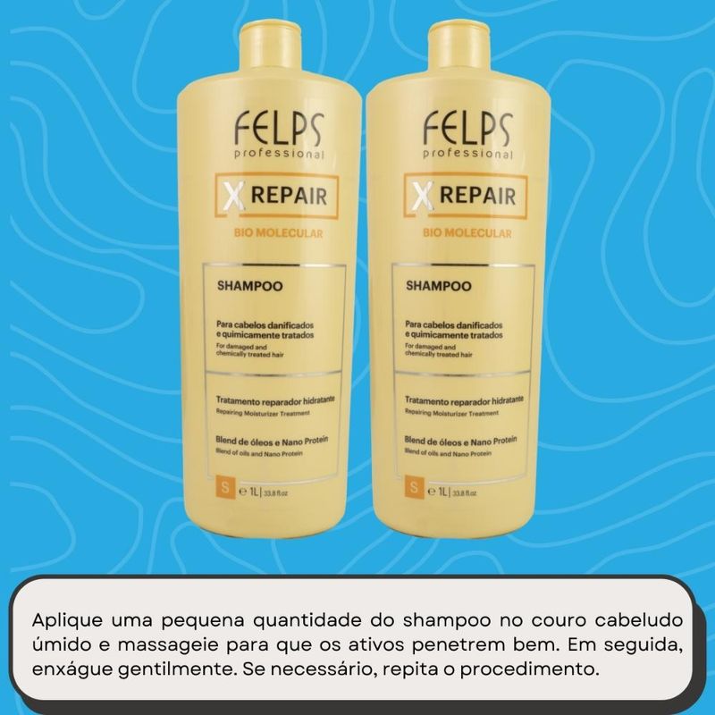 Felps X Repair Bio Molecular - Kit 2 Shampoos 1L - Cabelos Danificados ou Quimicamente Tratados