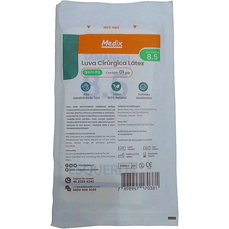 Luva Cirúrgica Medix 85 - Estéril - Látex Sem Pó - Par