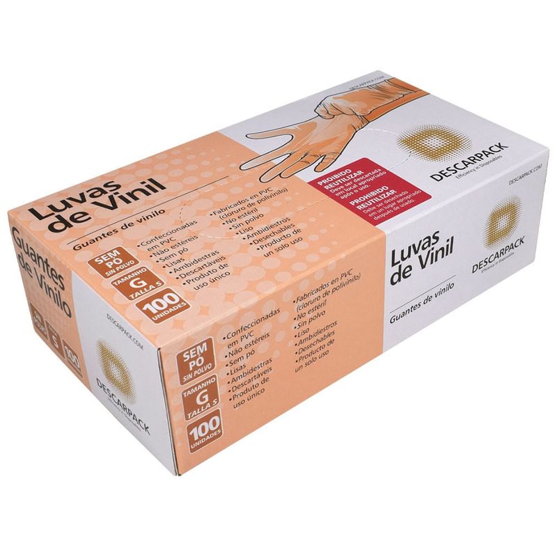Luva de Vinil Transparente Sem Pó - Descarpack - Tam G - 100 Unidades