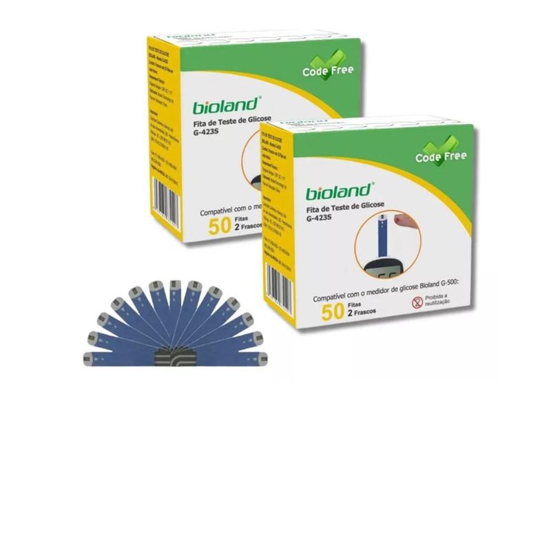Kit 100 Fitas Reagentes Bioland G423S CODE Free – Medição Precisa de Glicose