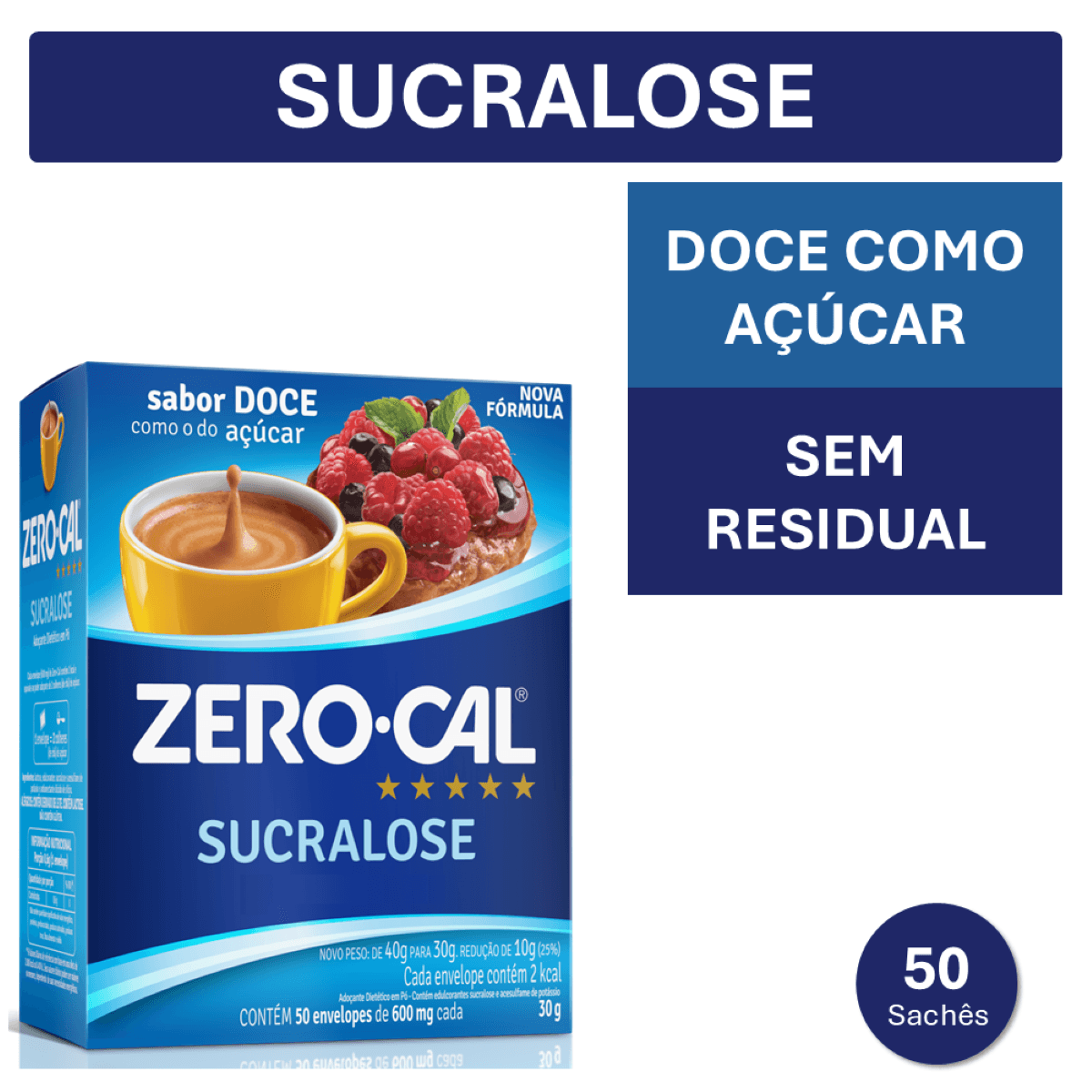 Zero-Cal Sucralose 50 sachês x 600mg - Extrafarma