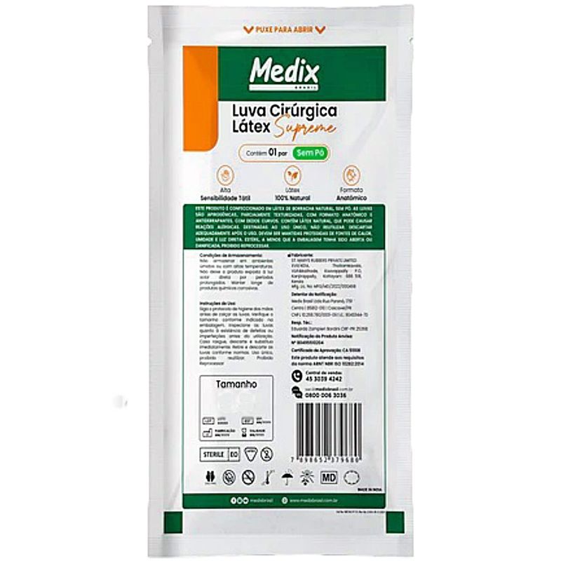 Luva Cirúrgica Supreme Medix 80 Estéril Látex Sem Pó - Par