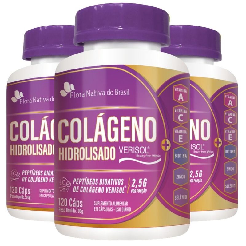 Kit 3x Flora Nativa - Colágeno Verisol com Vitaminas - 120 Cápsulas