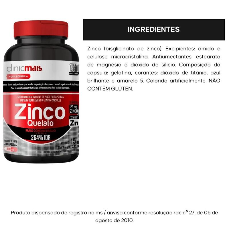 Clinicmais - Zinco Quelato 29mg - 30 Cápsulas