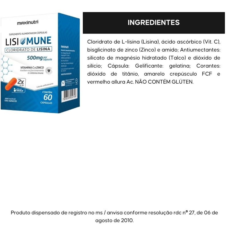 Kit 2x Maxinutri - Lisimune (Lisina, Vitamina C e Zinco) - 60 Cápsulas