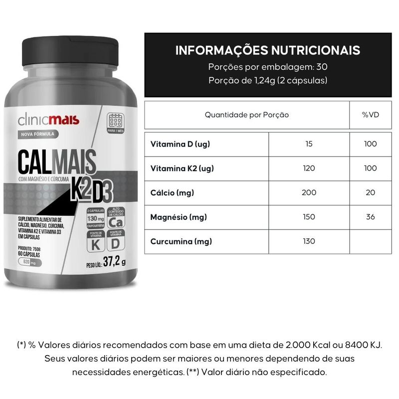 Clinicmais - Calmais (Vitamina D3+K2, Cálcio, Magnésio e Cúrcuma) - 60 Cápsulas
