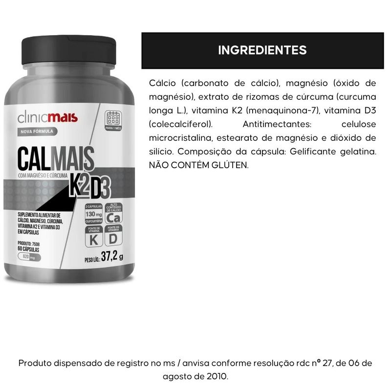 Clinicmais - Calmais (Vitamina D3+K2, Cálcio, Magnésio e Cúrcuma) - 60 Cápsulas