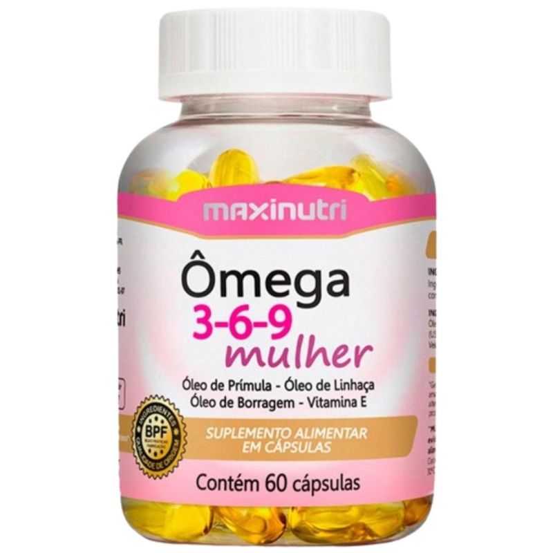 Ômega 3 6 9 Mulher - Linhaça, Prímula, Borragem + Vitamina E - 60 cápsulas - Maxinutri