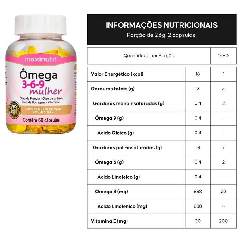 Ômega 3 6 9 Mulher - Linhaça, Prímula, Borragem + Vitamina E - 60 cápsulas - Maxinutri