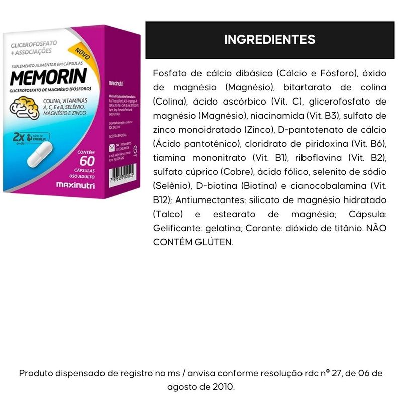 KIT 2X Memorin - Fósforo + Vitaminas - 60 cápsulas - Maxinutri