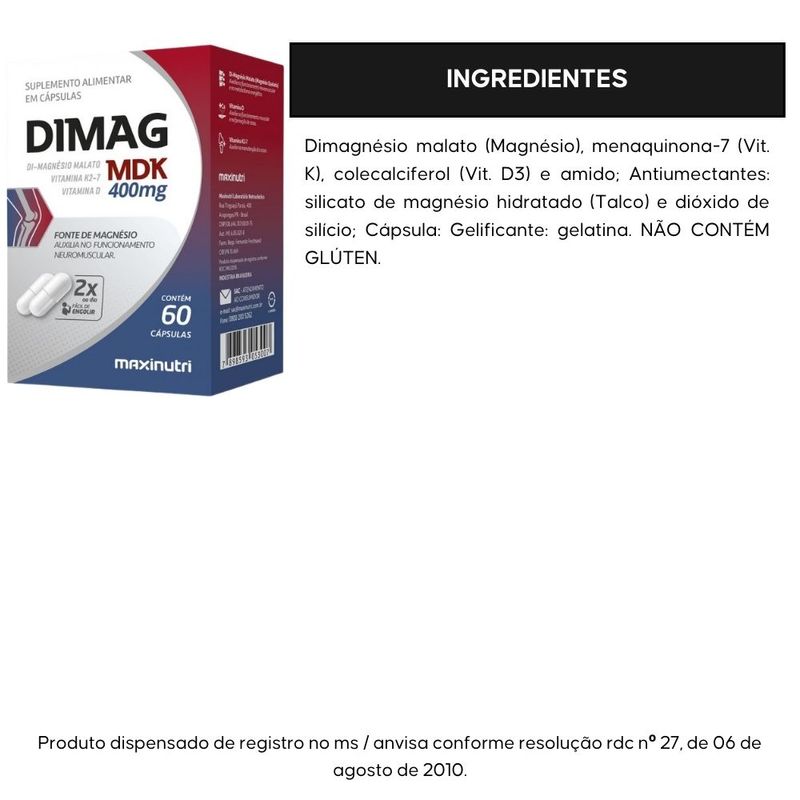 KIT 3X Dimag MDK - Magnésio Dimalato + Vitaminas D3 e K2 - 60 cápsulas - Maxinutri