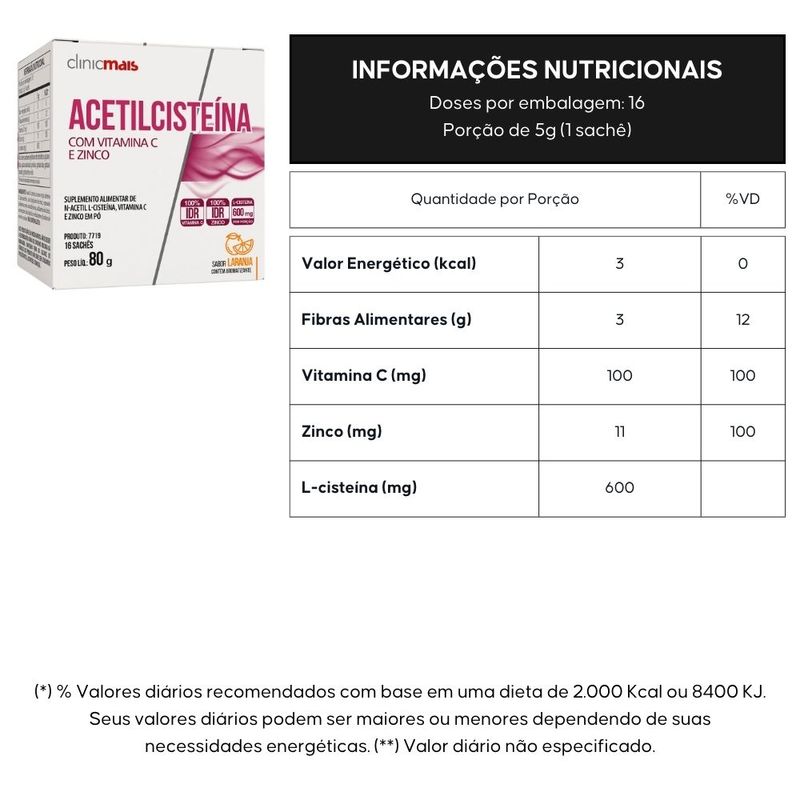 KIT 3X Acetilcisteína com Vitamina C e Zinco - 16 sachês - Clinicmais Laranja