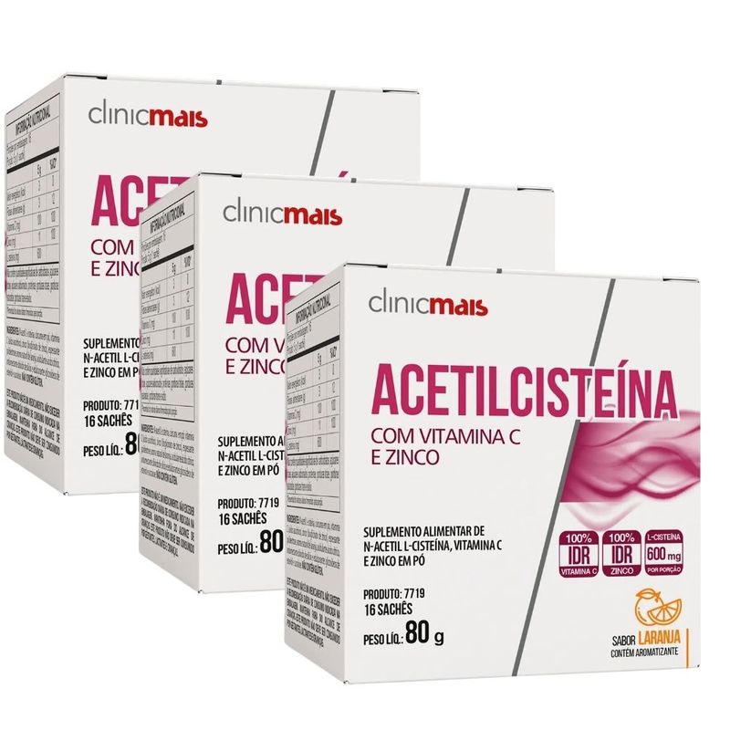 KIT 3X Acetilcisteína com Vitamina C e Zinco - 16 sachês - Clinicmais Laranja