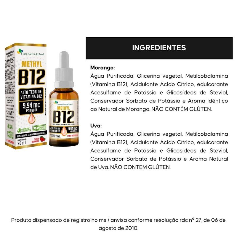 KIT Vitamina B12 Sublingual - Metilcobalamina UVA e Morango - Flora Nativa