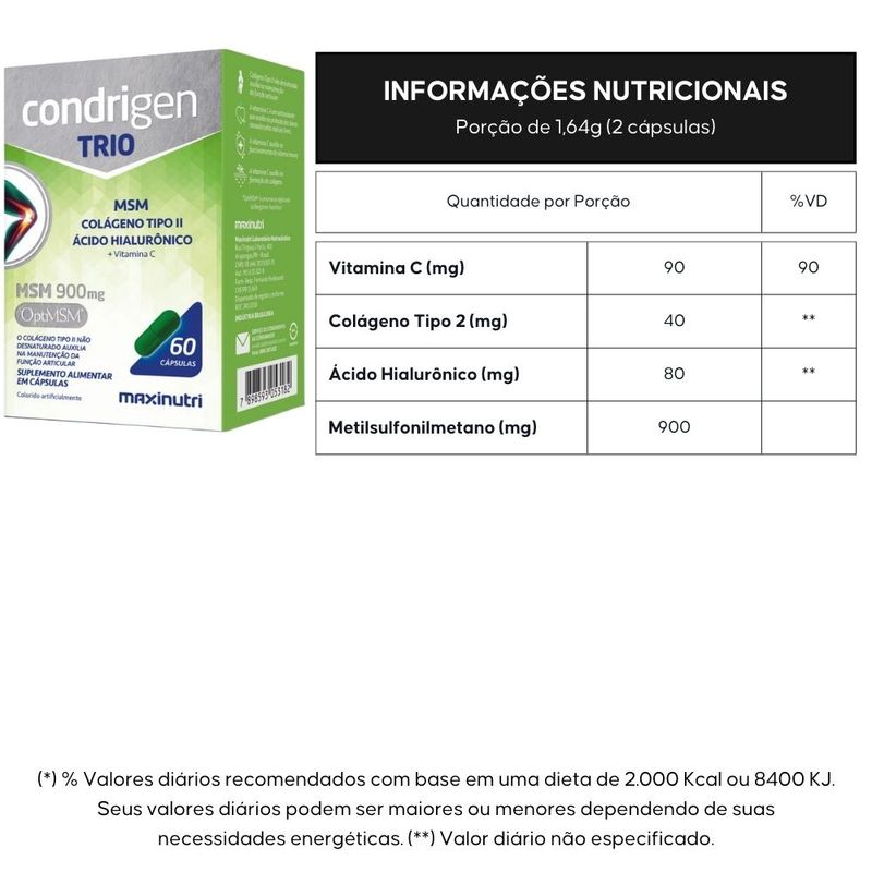 Kit 2x Condrigen TRIO (MSM, Colágeno Tipo 2, Ác Hialurônico, Vit C) - 60 Cápsulas - Maxinutri