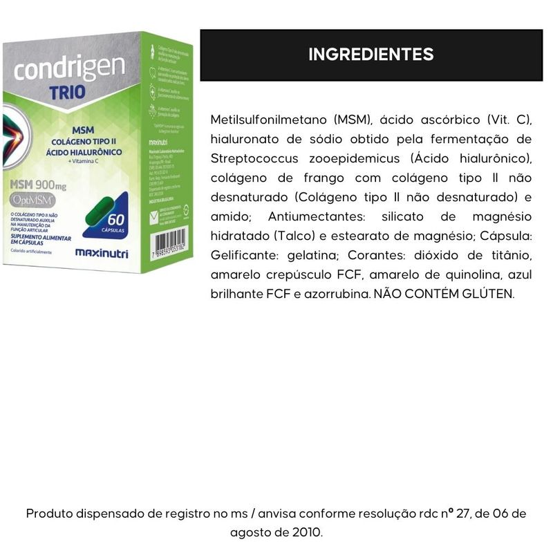 Kit 3x Condrigen TRIO (MSM, Colágeno Tipo 2, Ácido Hialurônico e Vitamina C) - 60 Cápsulas - Maxinutri