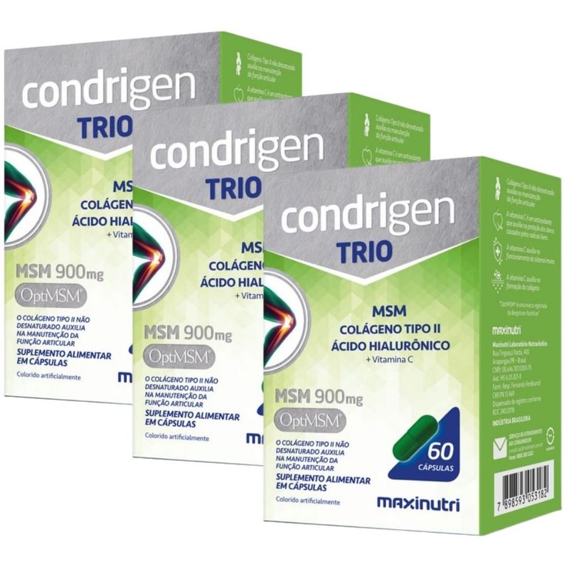 Kit 3x Condrigen TRIO (MSM, Colágeno Tipo 2, Ácido Hialurônico e Vitamina C) - 60 Cápsulas - Maxinutri