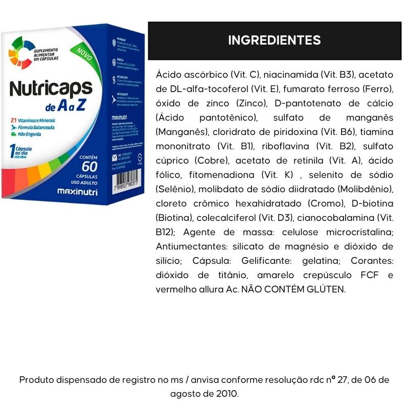 Nutricaps A-Z Polivitamínico - Maxinutri - 60 Cápsulas
