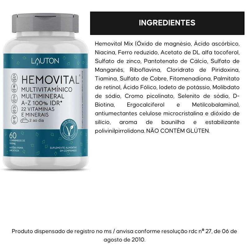 Kit 3x Hemovital Multivitamínico 60 Comprimidos - Lauton