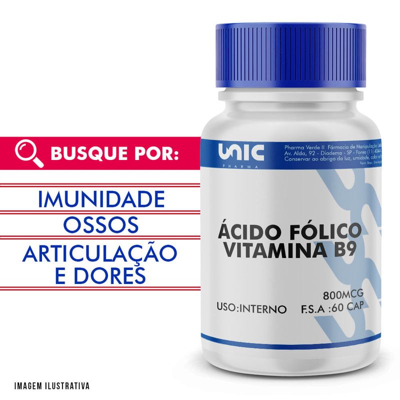 Vitamina B9 Ácido Fólico - 800mcg - Unicpharma - 60 Cápsulas