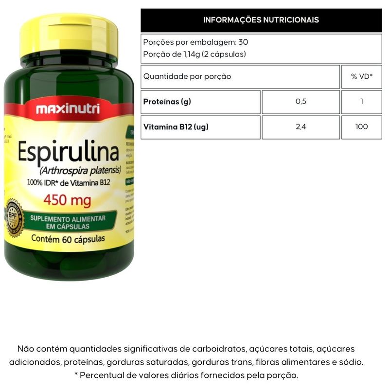 Kit 2x Espirulina 450mg - 60 Cápsulas - Maxinutri