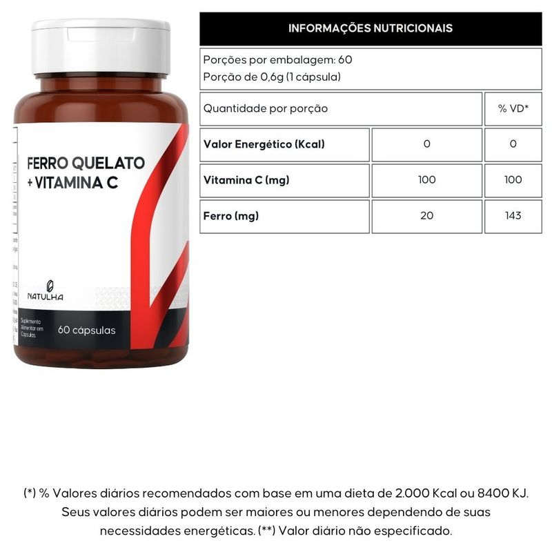 Ferro Quelato + Vitamina C - 60 Cápsulas - Natulha
