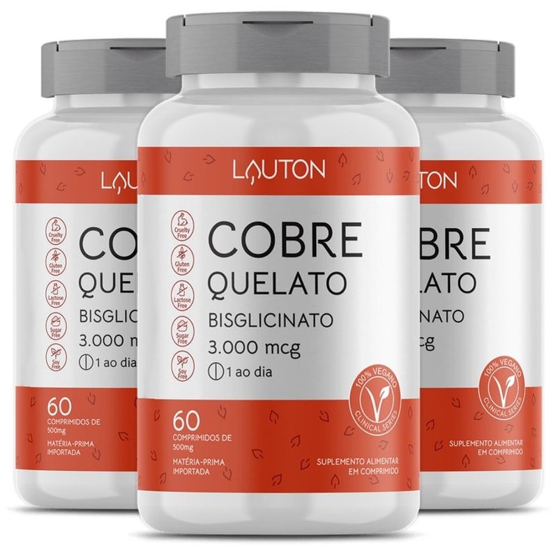Kit 3x Cobre Quelato Bisglicinato 3000mcg - 60 Comprimidos - Lauton
