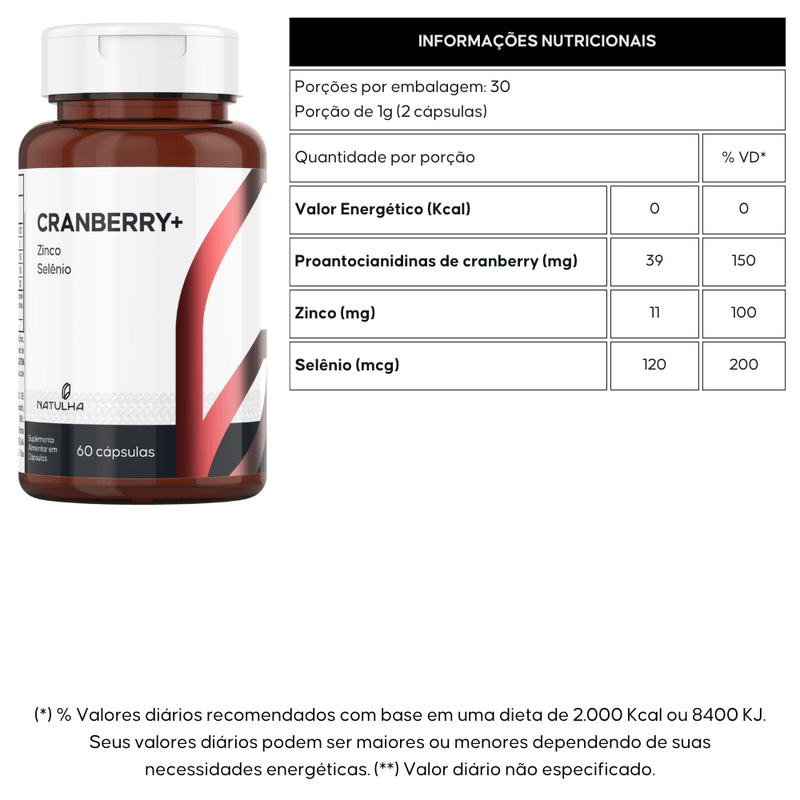 Cranberry com Zinco e Selênio - 60 Cápsulas - Natulha