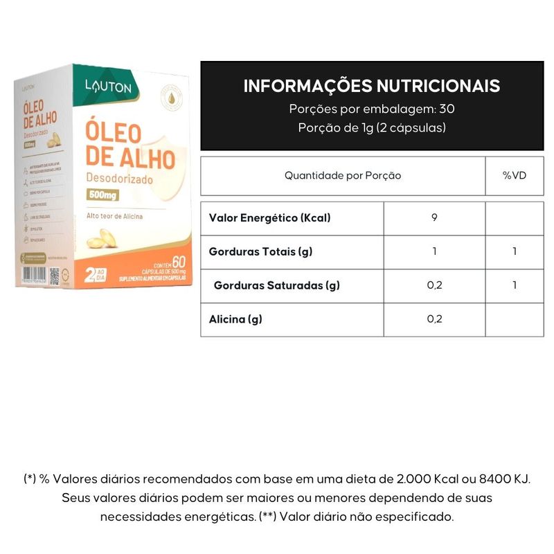 Kit 2x Óleo de Alho Cru Desodorisado 500mg - 60 Cápsulas - Lauton