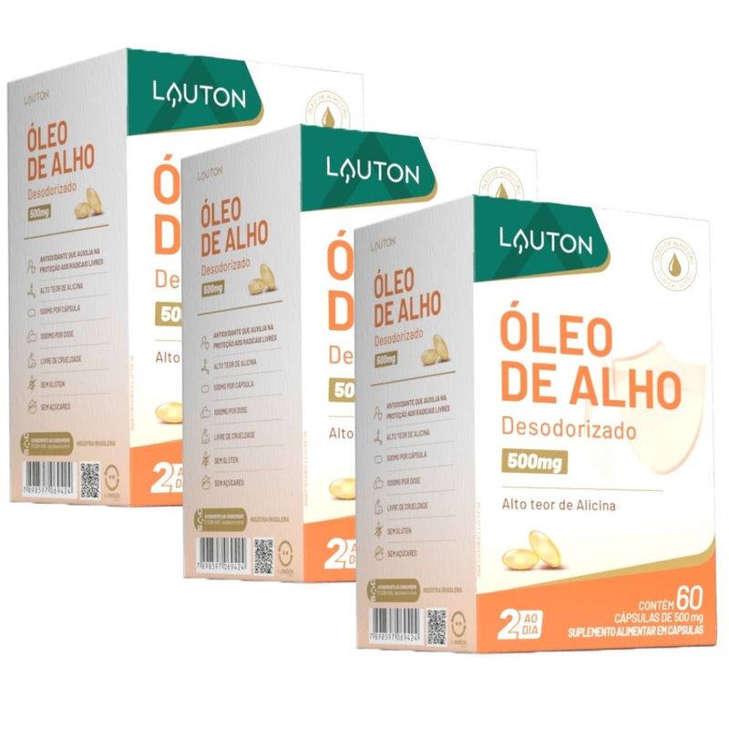 Kit 3x Óleo de Alho Cru Desodorisado 500mg - 60 Cápsulas - Lauton