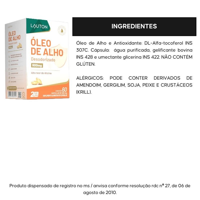 Kit 3x Óleo de Alho Cru Desodorisado 500mg - 60 Cápsulas - Lauton