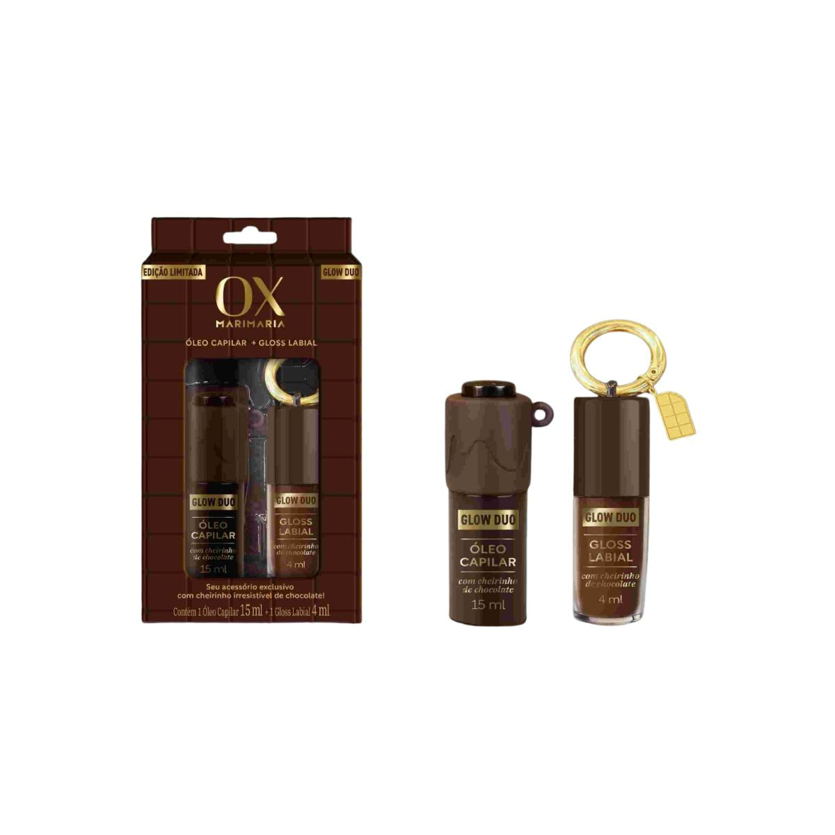 Kit Ox Óleo Capilar 15ml + Gloss Líquido Labial 4ml Chocolate Mari Maria Glow Duo Edição Limitada