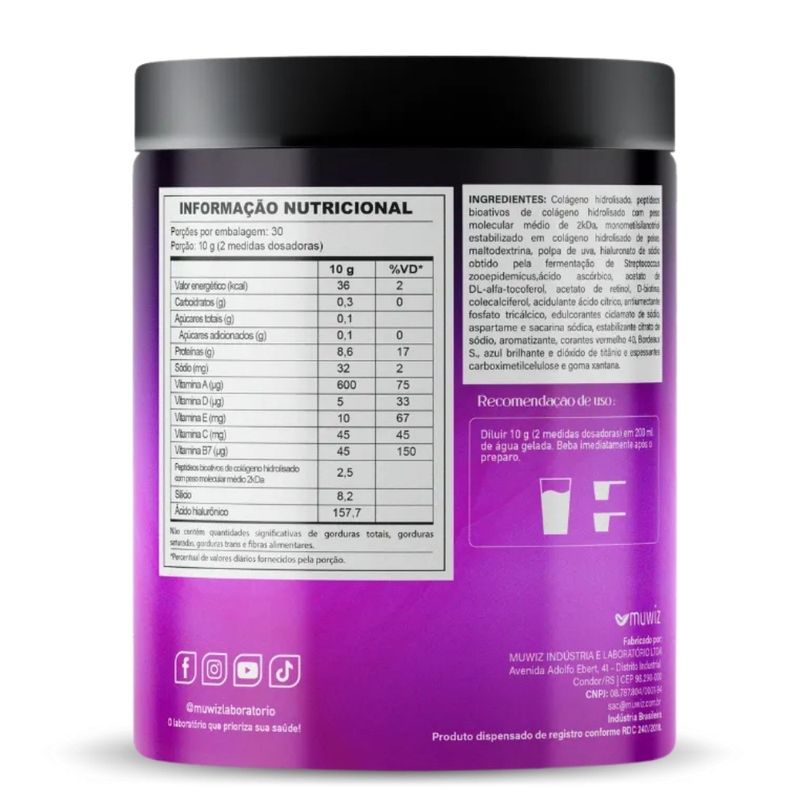 Muwiz - Colágeno Verisol com Ácido Hialurônico - 300g Sabor Uva