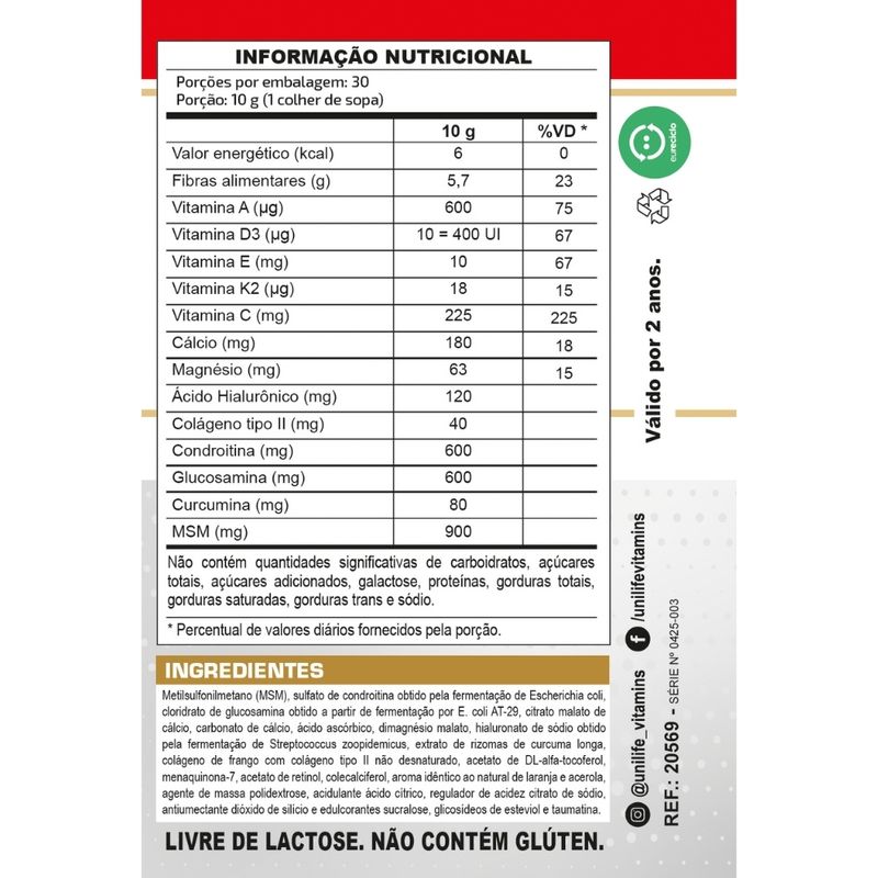 Unilife - Glucosamina, Condroitina e Colágeno Tipo 2 Hyalurósteo - 300g