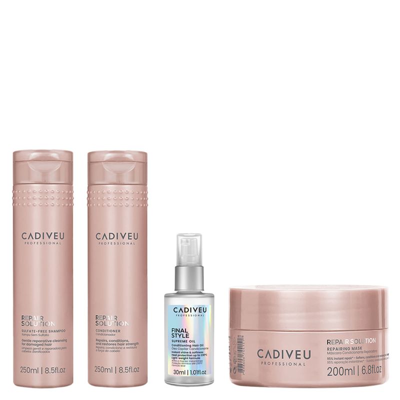 Kit Cadiveu Repair Solution - Shampoo 250ml - Condicionador 250ml - Máscara 200ml - Óleo Capilar Final Style 30ml