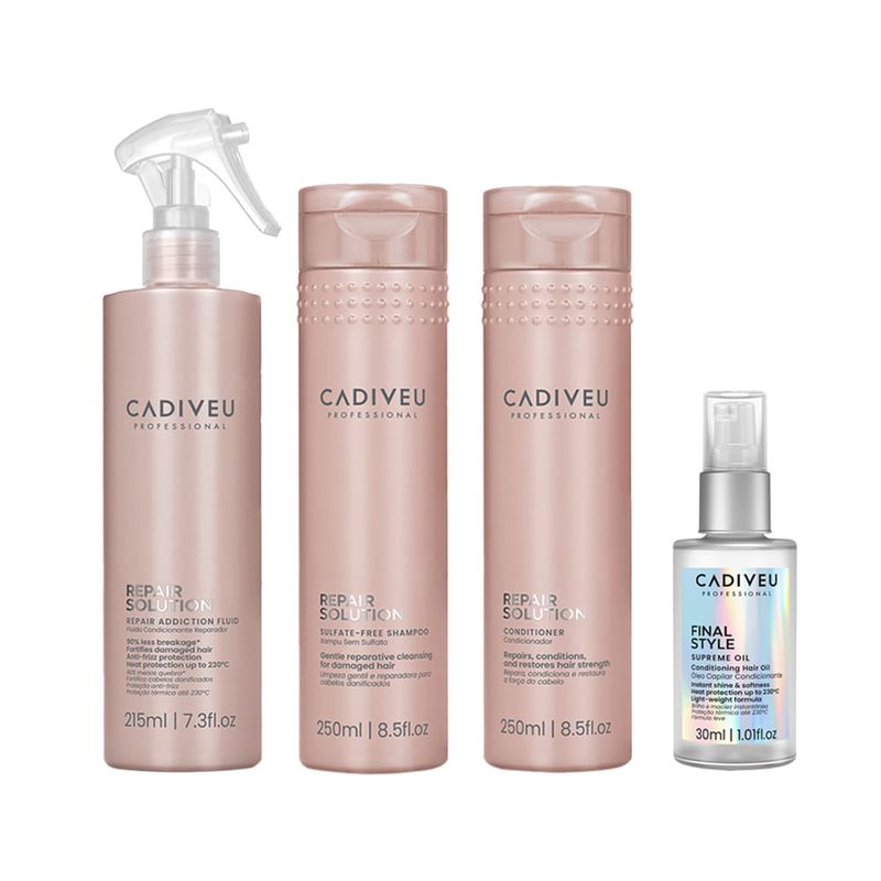 Kit Cadiveu Repair Solution - Shampoo 250ml - Condicionador 250ml - Leave-In 215ml - Óleo Capilar Final Style 30ml