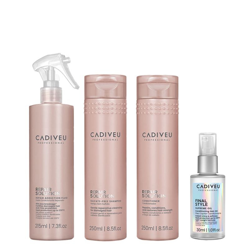 Kit Cadiveu Repair Solution - Shampoo 250ml - Condicionador 250ml - Leave-In 215ml - Óleo Capilar Final Style 30ml