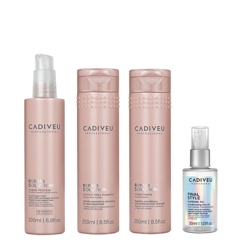 Kit Cadiveu Repair Solution - Shampoo 250ml - Condicionador 250ml - Pré Shampoo 200ml - Óleo Capilar Final Style 30ml