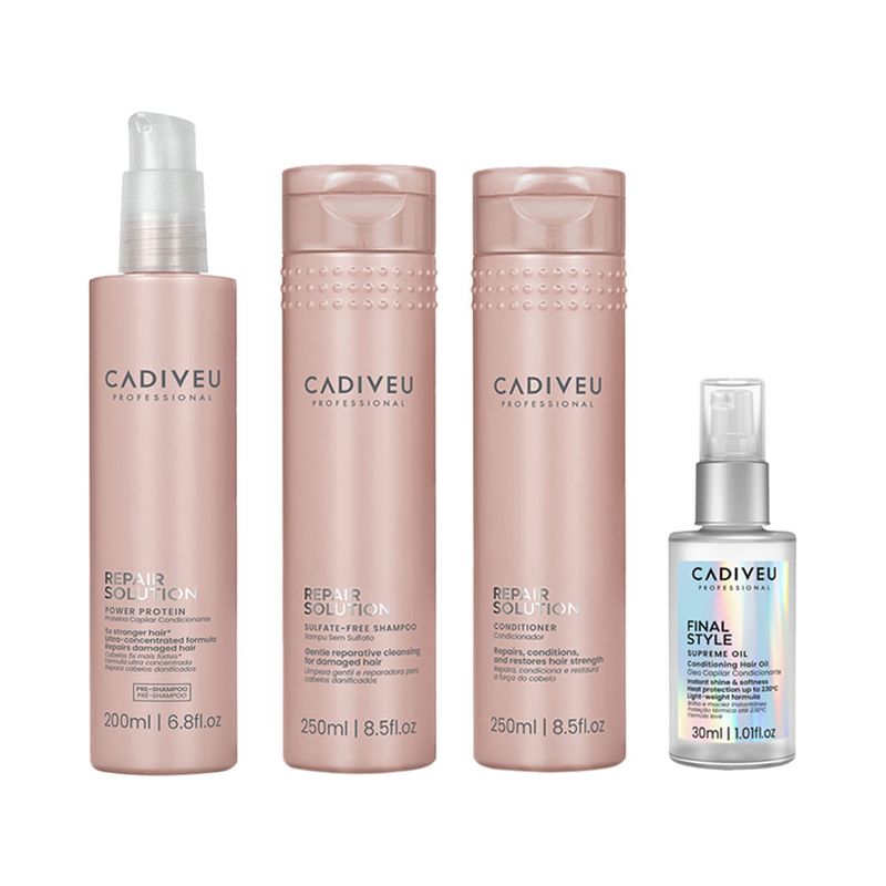 Kit Cadiveu Repair Solution - Shampoo 250ml - Condicionador 250ml - Pré Shampoo 200ml - Óleo Capilar Final Style 30ml