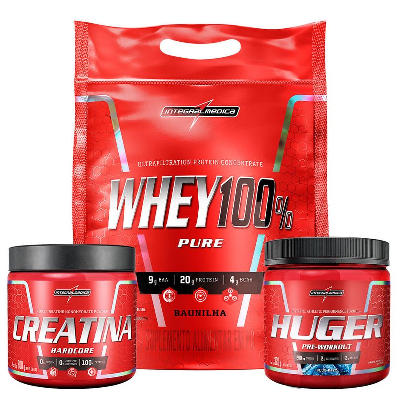 Pack Whey 100% Pouch Baunilha 900g + Creatina 100% Pura 300g + Huger Blue Razz 320g - Integralmédica