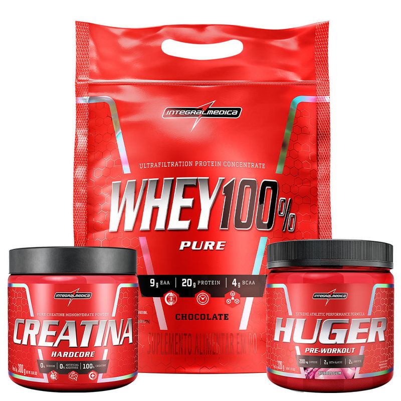 Pack Whey 100% Pouch Chocolate 900g + Creatina 100% Pura 300g + Huger Bubble Gum 320g - Integralmédica