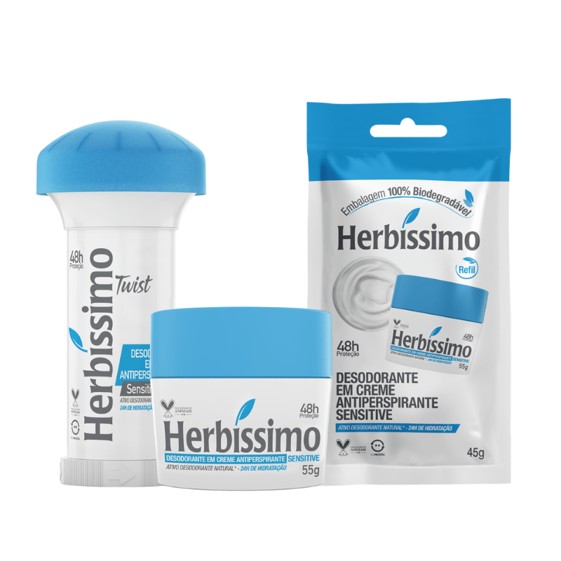 Kit Desodorante Creme Antitranspirante Sensitive Herbíssimo - 55g + Desodorante Twist Sensitive - 45g + Sachê Refil Sensitive - 45g