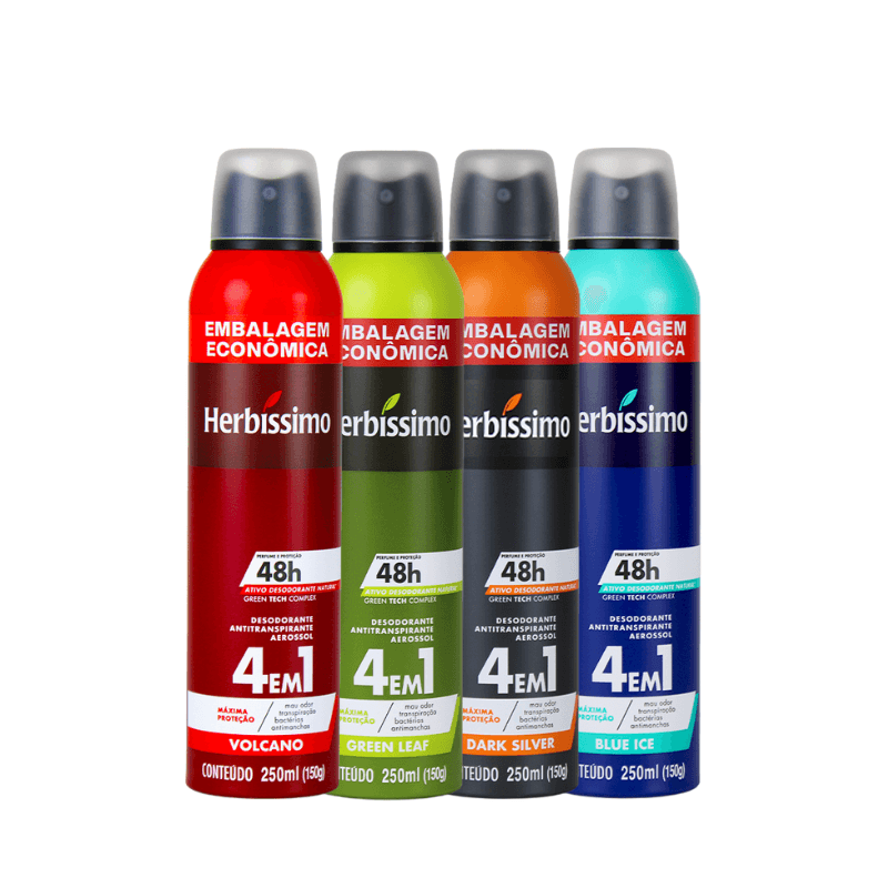 Kit Desodorante Aerosol Antitranspirante Herbíssimo Blue Ice + Green Leaf + Volcano + Dark Silver - 250ml
