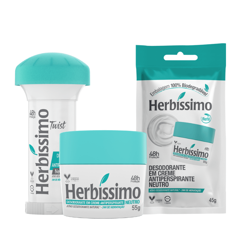 Kit Desodorante Creme Antitranspirante Neutro Herbíssimo - 55g + Desodorante Twist Neutro - 45g + Sachê Refil Neutro - 45g