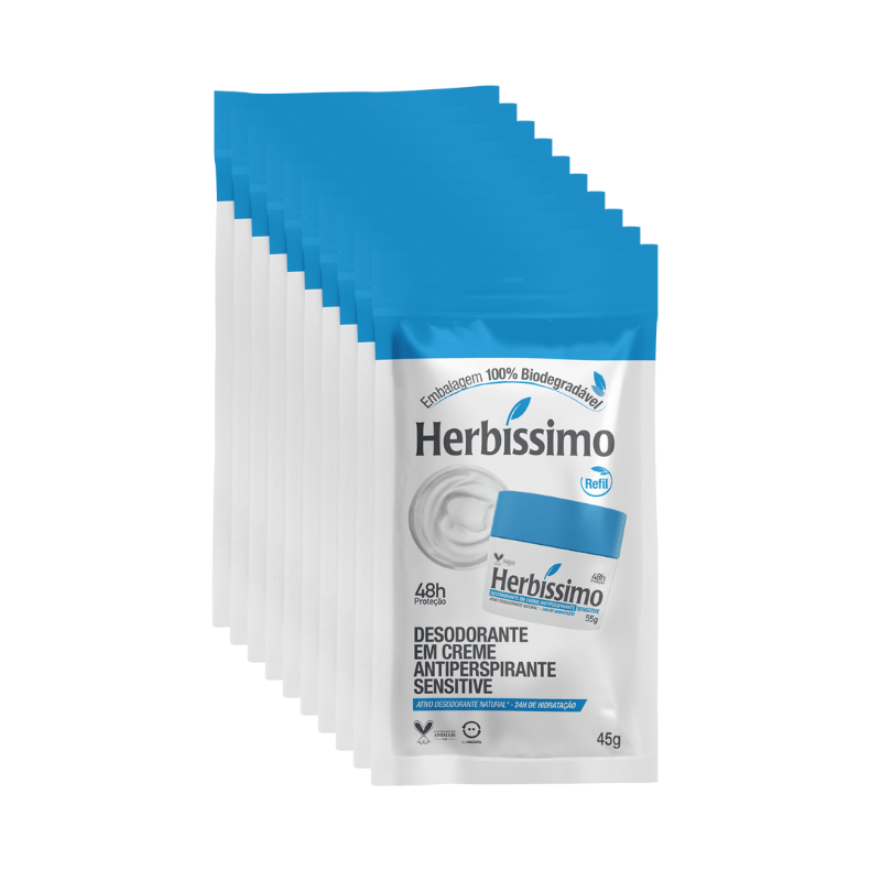 Kit c/ 10 Sachê Refil Desodorante Creme Antitranspirante Sensitive Herbíssimo - 45g - 10 Unidades