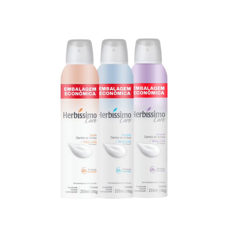 Kit Desodorante Aerossol Antitranspirante Herbíssimo Care Vanilla + Sensitive + Lavanda - 250ml