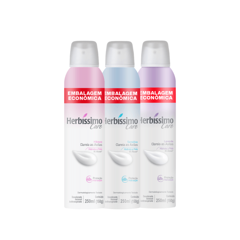 Kit Desodorante Aerossol Antitranspirante Herbíssimo Care Hibisco + Sensitive + Lavanda - 250ml